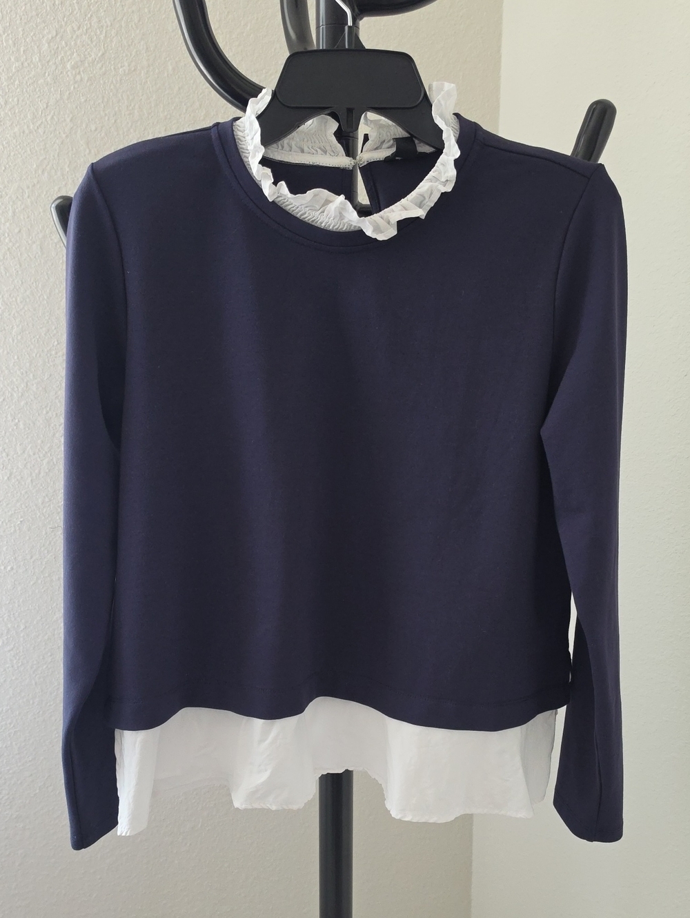 Ann Taylor Navy Long-Sleeve Top with White Ruffle Trim and Hem